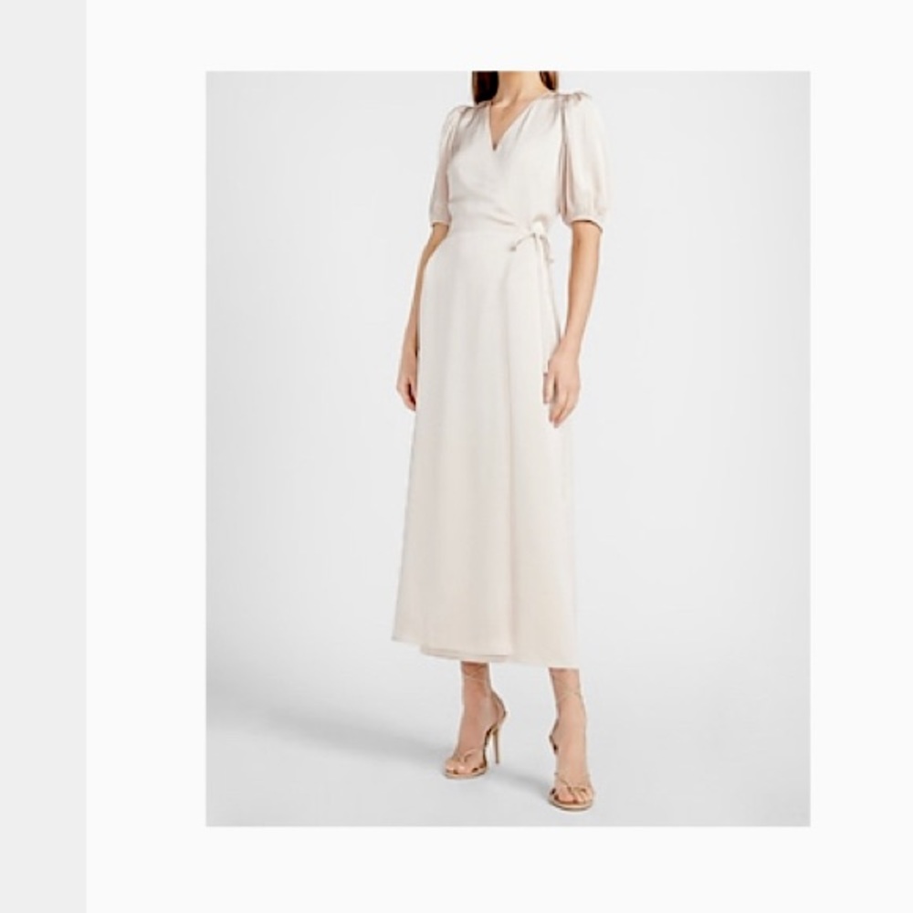 Satin puff sleeve belted wrap maxi dress